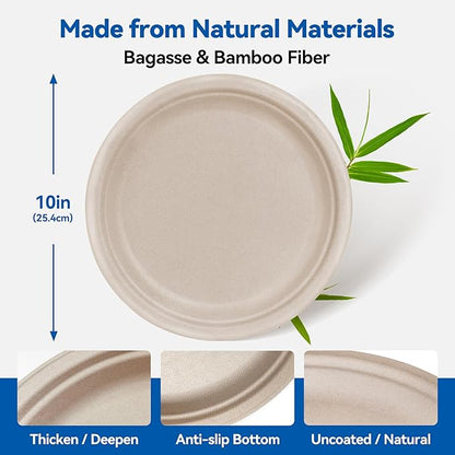 10 Inch Heavy Duty Paper Plates 150 Pack – Compostable, Eco-Friendly, Biodegradable Sugarcane & Bamboo Fiber, Sturdy Disposable Plates for Party, Camping & Everyday Use
