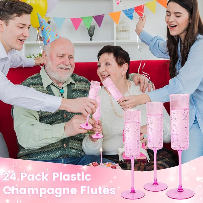 YOUBET 24Pack Pink Plastic Champagne Flutes 6 oz | Clear Pink Champagne - Image 2