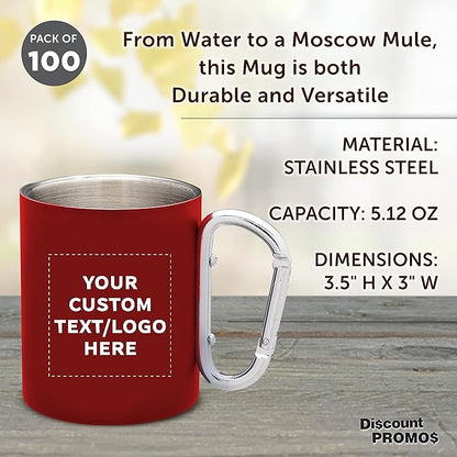 Custom Stainless Steel Mugs with Carabiner Handle 10 oz. Set of 100, Personalized Bulk Pack - Perfect for Coffee, Soda, Other Hot & Cold Beverages - Red