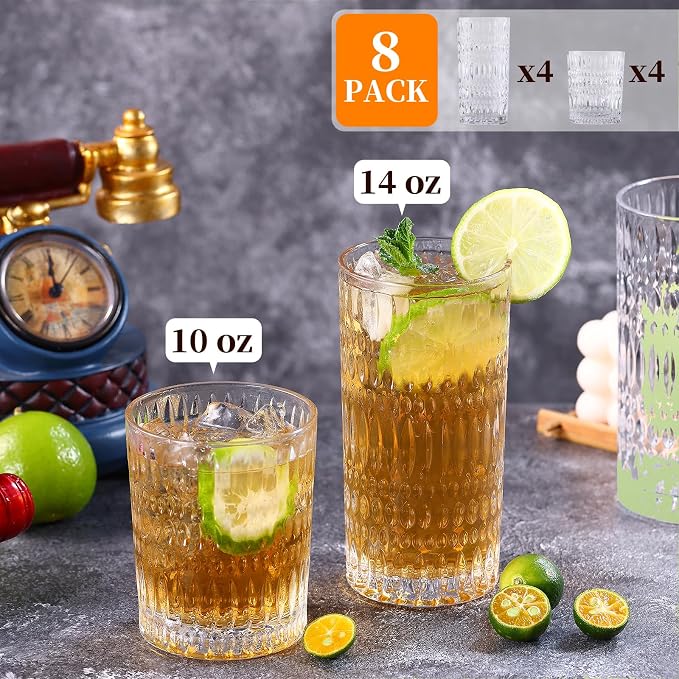 Loivttvv Glassware Drinking Glasses Set of 8, 14 oz Highball Glasses & 10 oz - Image 2