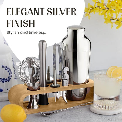 Mixology & Craft Cocktail Shaker Set with Bamboo Stand - Professional 18oz 10-Piece Bartender Kit - Complete Bar Set & Cocktail Mixer Kit for Home (Silver)