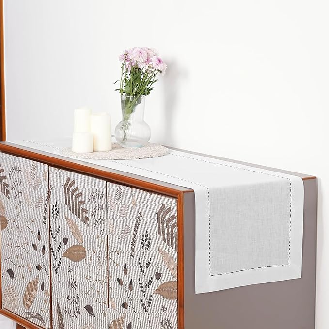 D'Moksha Homes Linen White Table Runner 84 Inches Long - 100% Pure Linen Table Runner 14 x 84 Inch for Valentines, Spring, Easter - Classic Hemstitch