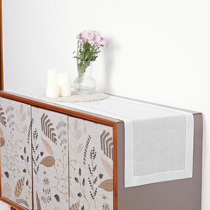 D'Moksha Homes Linen White Table Runner 36 Inches - 100% Pure Linen Small Table Runner 14 x 36 Inch Ideal for Dresser, Coffee Tables, Valentines, Spring, Easter - Classic Hemstitch