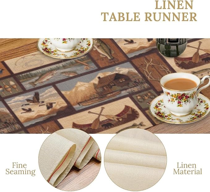 Retro Rustic Style Table Runner, Vintage Moose Deer Bear Leaf Tree Country - Image 5