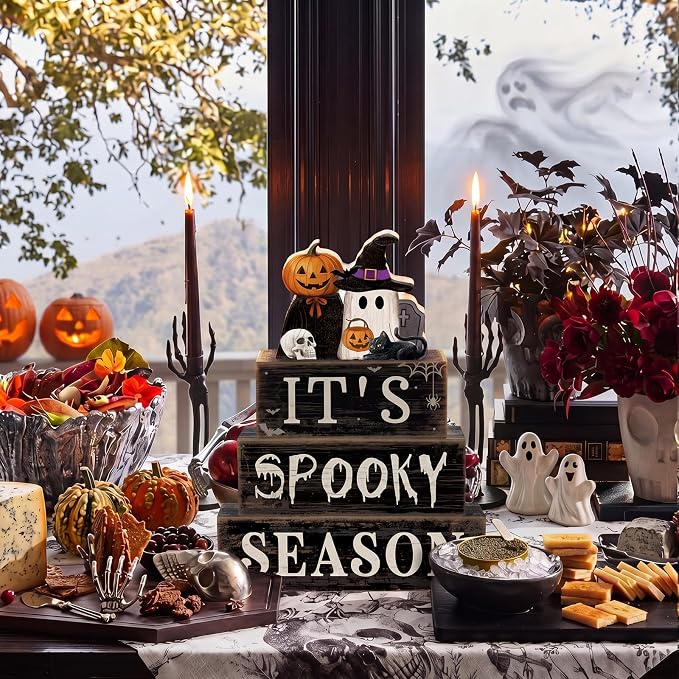 Moucuny 4 Pcs Halloween Table Decoration Pumpkin Ghost Wooden Stacked Block - Image 4