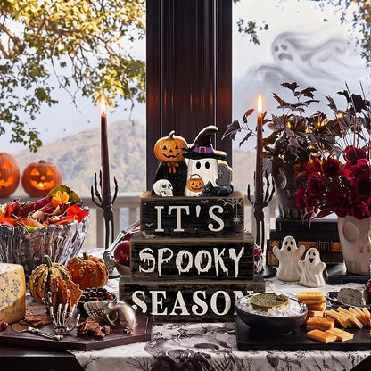 Moucuny 4 Pcs Halloween Table Decoration Pumpkin Ghost Wooden Stacked Block - Image 4