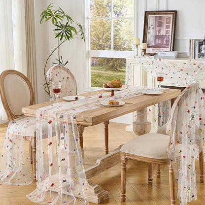 BINBE 1pcs Ivory Daisy Spring Table Runner Embroidery Gauze 10FT Florals - Image 6