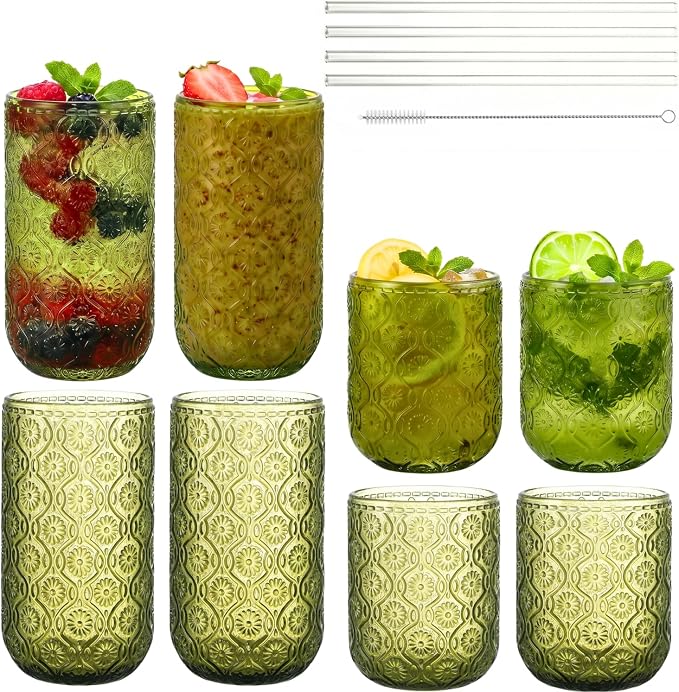 Green Drinking Glasses Set of 8, 12 Oz Highball & 10 Oz Cocktail Glasses by FERAHI