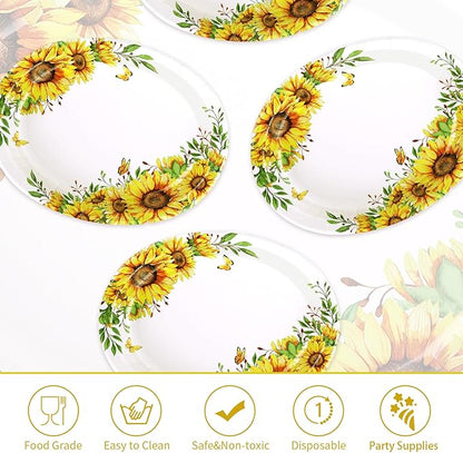 Grencian 50 PCS Sunflower Oval Paper Plates 10" x 12" Heavy Duty Disposable Sunflower Party Plates for Birthday Wedding Bridal Baby Shower Party Decorations