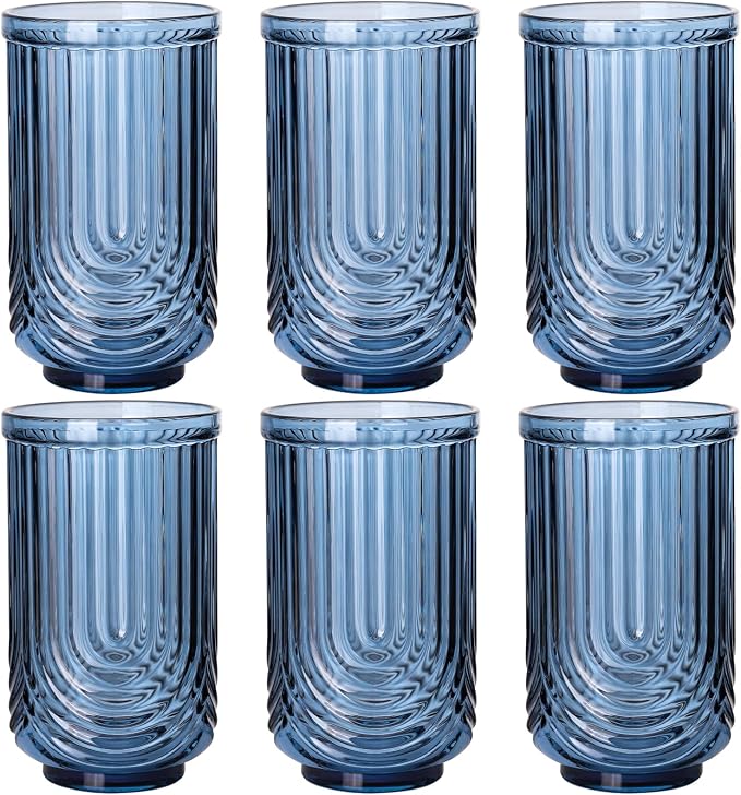 Blue Vintage Drinking Glasses Set of 6-17oz Hand-Blown Highball Ribbed Glassware by TrophyToast