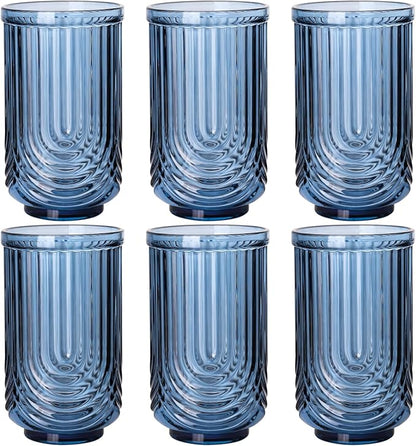 Blue Vintage Drinking Glasses Set of 6-17oz Hand-Blown Highball Ribbed Glassware by TrophyToast
