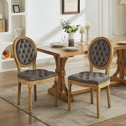 Vintage French Dining Chairs Set of 4, Round Back Velvet Upholstered Accent Chairs with Nailhead Trim and Solid Wood Frame, Elegant Sillas de Comedor for Dining Room & Kitchen, Gray