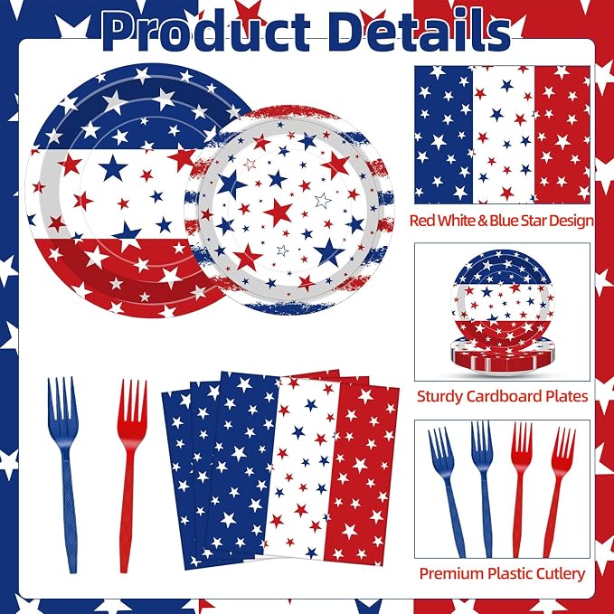 100 Pcs Patriotic Party Supplies Set, Serves 25 – Disposable Red White Blue - Image 3
