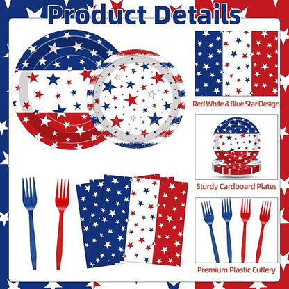 100 Pcs Patriotic Party Supplies Set, Serves 25 – Disposable Red White Blue - Image 3