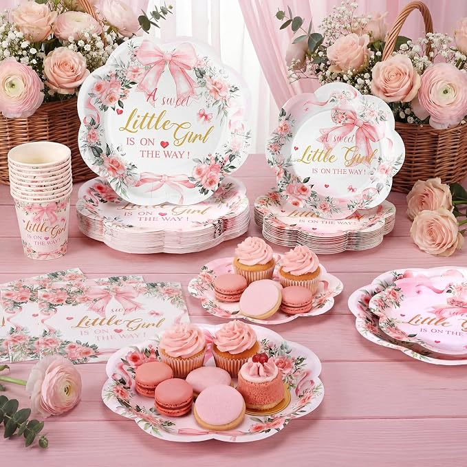 250 Pcs a Sweet Little Girl Is on The Way Baby Shower Plates Napkins | Pink Bow - Image 2