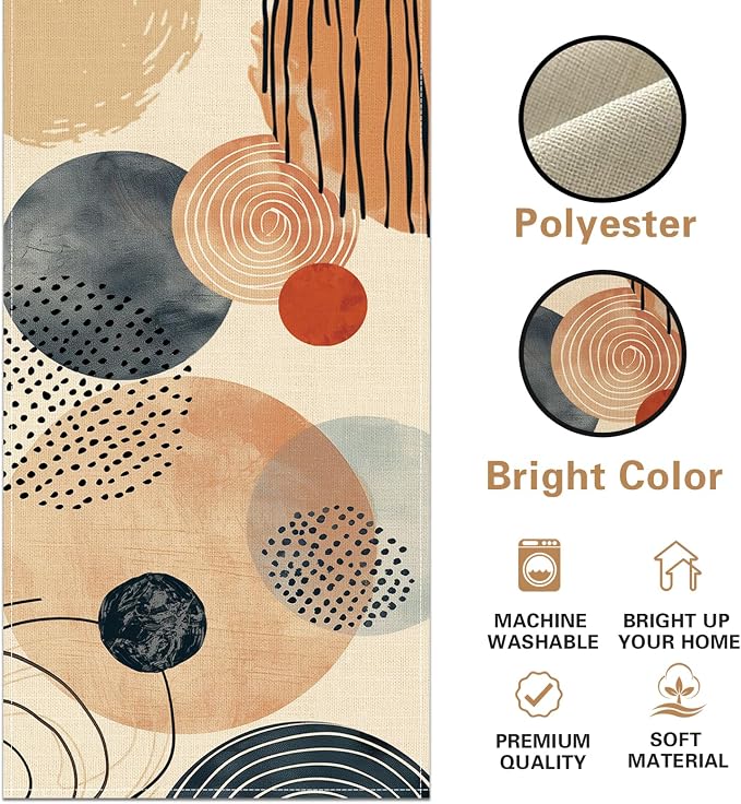 Boho Modern Geometric Dining Table Runner, Circle Abstract Art Burlap | Kitchen - Image 2