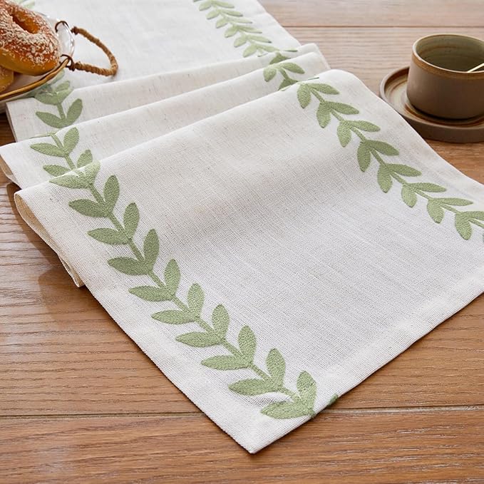 Embroidered Table Runner, Light Green Table Runners 108 Inches Long | Linen by Aoztio