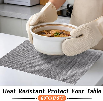 Timeet Placemats Set of 6, Heat Resistant Non-Slip Place Mats, Durable Washable PVC Vinyl Woven Table Mats, Linen Textured Table Placemats for Dining Kitchen Resistant Easy to Clean(Gray)