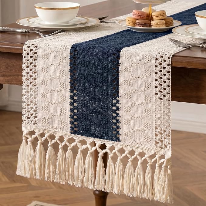Boho Macrame Table Runner with Tassels 48in Blue Farmhouse Runner | Macrame by Xiomot