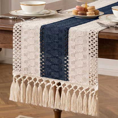 Boho Macrame Table Runner with Tassels 48in Blue Farmhouse Runner | Macrame by Xiomot