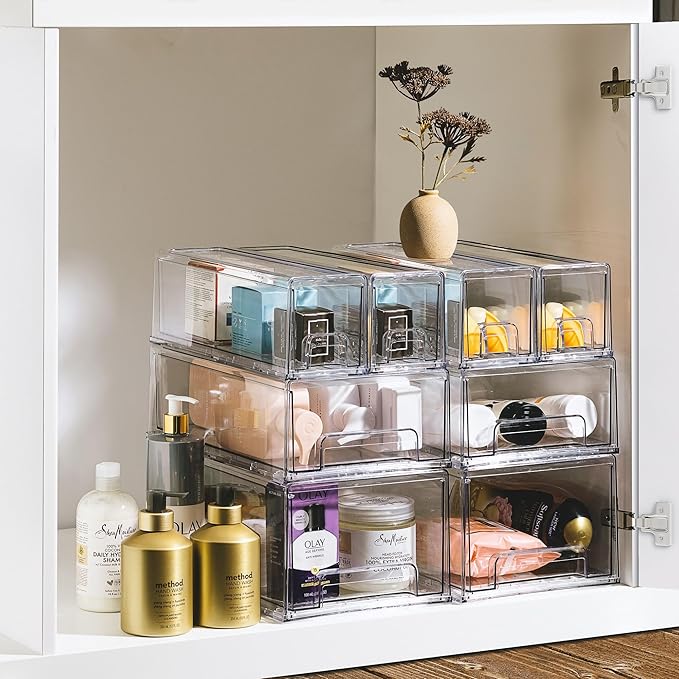 Sorbus Small Clear Stackable Storage Drawers – 2-Pack Plastic Organizer Bins with Handles – Stackable Pull-Out Storage Drawers for Closet, Pantry, Office, Bathroom, Craft, and Toy Organization