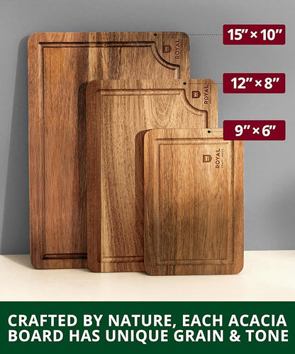 ROYAL CRAFT WOOD Acacia Wood Cutting Boards Set of 3 – Premium Wooden Cutting Boards for Kitchen Meal Prep & Serving - Charcuterie & Chopping Butcher Block for Meat with Deep Juice Groove Side Handles