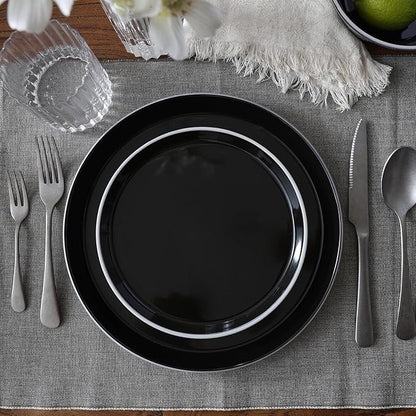 Famiware Saturn Dinnerware Sets, Plates and Bowls Sets for 4, 12 Pieces Stoneware Dish Set - Chip and Scratch Resistant, Microwave and Dishwasher Safe Tableware Set, Black with Rim