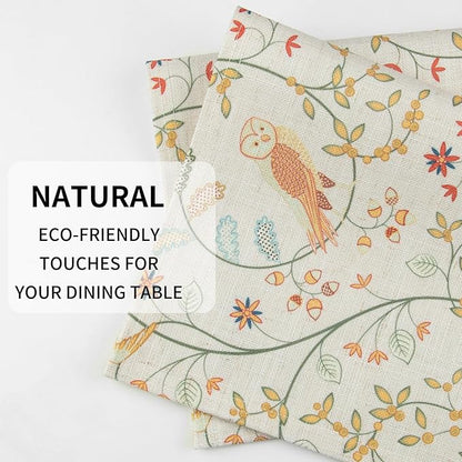 QIYI Boho Placemats Set of 4, 12x18 Inch Linen Fabric Place Mats for Kitchen Dinning, Farmhouse Rustic Floral Cloth Table Mats, Washable Placemat Folk Art Party Table Décor, Forest Birds