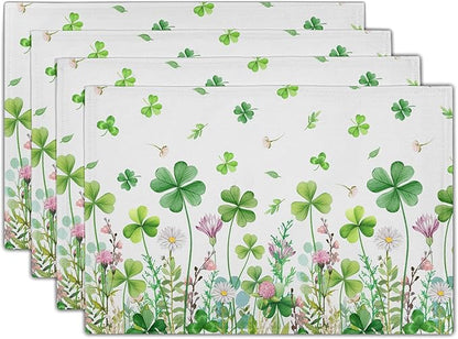 Green Shamrock Placemats Set of 4, 12 x 18 Inch Clover Lucky Floral Heat Resistant Linen Farmhouse Table Dining Place Mats for Seasonal Spring Kitchen Home Decor