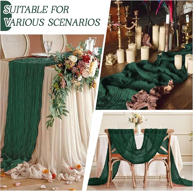 3 Pack Emerald Green Cheesecloth Table Runner 17x108 Inch Semi Sheer Boho Gauze - Image 3