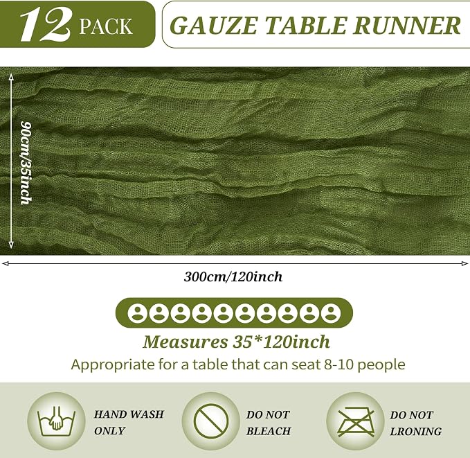 YMHPRIDE 12 Pack Cheesecloth Table Runner 35x120in Olive Green Table Runner | - Image 2