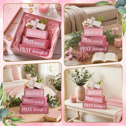 Moucuny 4 Pcs Pink Christian Table Decor Cross Wooden Bible Verse Sign - Image 6
