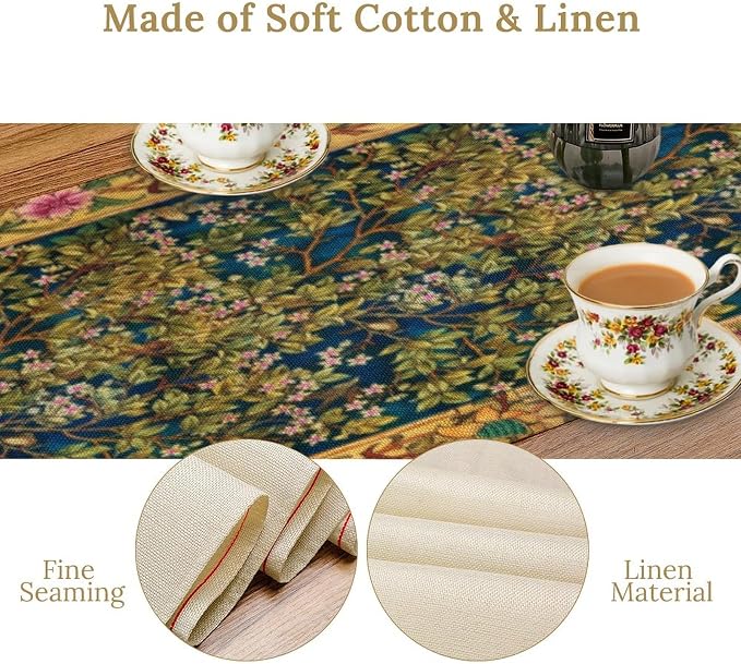 William Morris Table Runner, Boho Rustic Ethnic Tree of Life Flower Original - Image 6