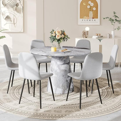 Round Dining Table Set for 6, 45" Modern Faux Marble Kitchen Table and Upholstered Chairs, 7 Piece Circle Dinner Set for Dining Room, Kitchen (Marble Gray Set)