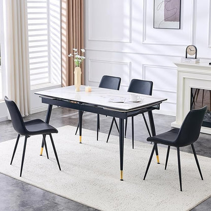 Extendable Dining Table Set for 4, 55'' to 78.8'' Rectangular Thickened Sintered Stone Kitchen Table with 4 Upholstered Chairs, Modern Space Saving 5-Piece Dinner Table Set