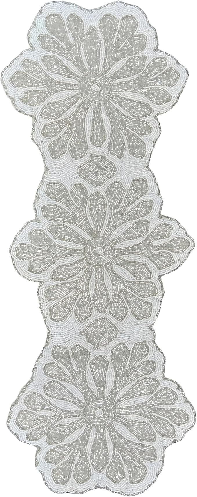 Handmade Beaded Table Runner 13x36 Inch – Silver & White Floral Beaded Runner by ALPHALivingHOME