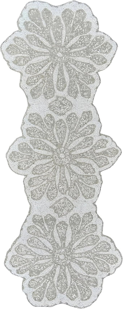 Handmade Beaded Table Runner 13x36 Inch – Silver & White Floral Beaded Runner by ALPHALivingHOME