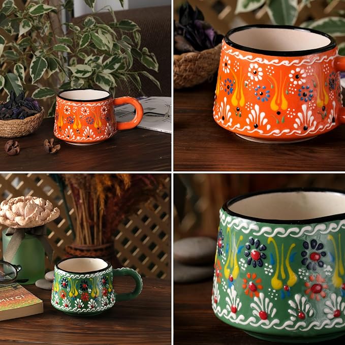 BCS 6 Oz Cappuccino Cups Set of 2, Hand-Painted Ceramic Coffee & Tea Mugs | - Image 7
