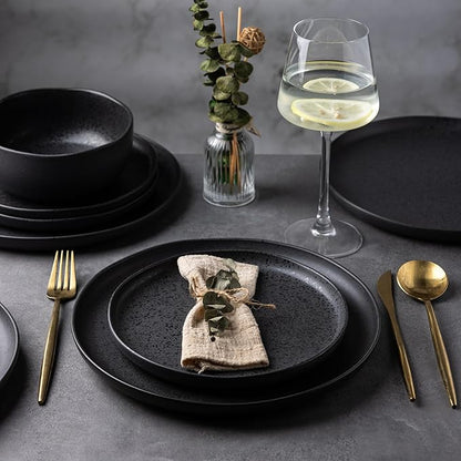 AmorArc Ceramic Dinner Plates Set of 6, Wavy Rim 10.25 Inch Stoneware Dish Set, Dinnerware Plates for Kitchen-Microwave&Dishwasher Safe, Scratch Resistant-Reactive Glaze Matte Speckled Black