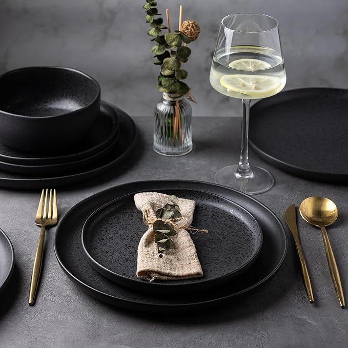 AmorArc Ceramic Dinner Salad Plates Set of 6, Wavy Rim 8.5 Inch Dish Set, The Dessert,Salad, Appetizer, Small Dinner etc Plate,Microwave, Dishwasher Safe, Scratch Resistant - Matte Speckled
