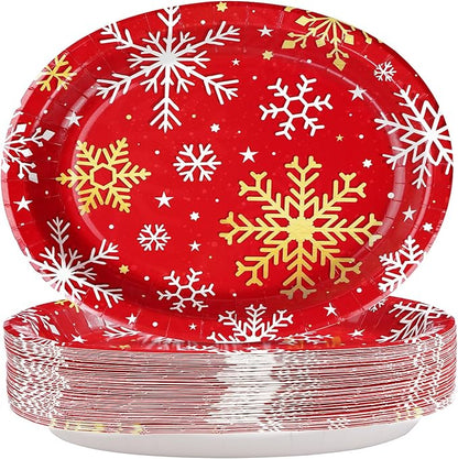 50Pcs Christmas Snowflake Oval Paper Plates 10" x 12" Large Red Gold and White Snowflake Plates Disposable Heavy Duty Christmas Party Decorations for Xmas Winter Holiday New Year Dinner Party Supplies