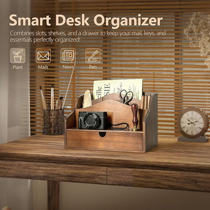 Pine Wood Mail Organizer for Desk - Rustic Mail Sorter with Drawer & Dividers - 4-Slot Mail Sorter for Letters, Files & Small Essentials - Wooden Desk Organizer for Farmhouse Home Decor (Brown)