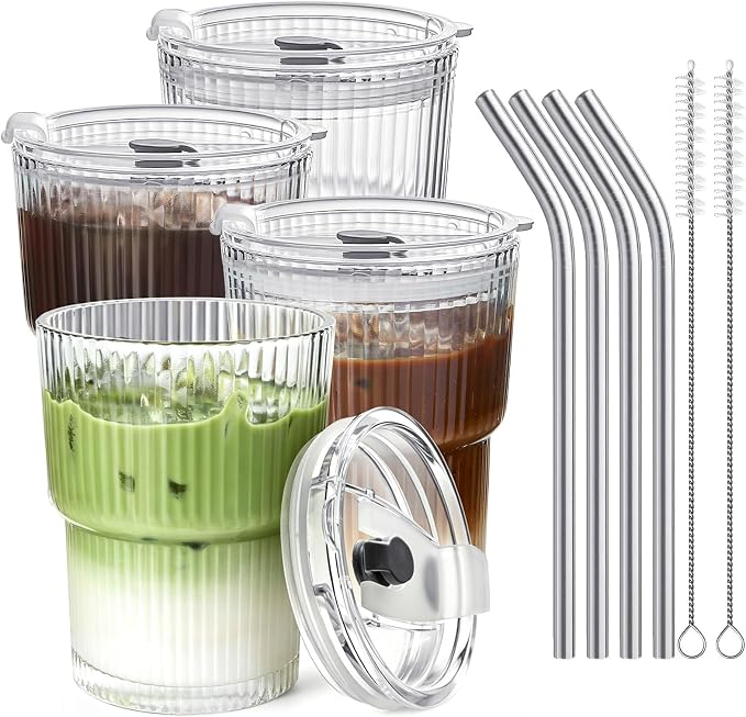 TUZAZO 13 Oz Ribbed Glass Coffee Tumblers by TUZAZO