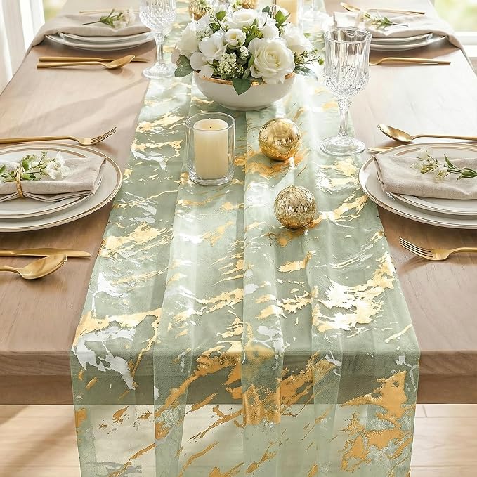 Artoid Mode Marble Pattern Sage Green Gauze Table Runner 10FT, Glitter Metallic - Image 6
