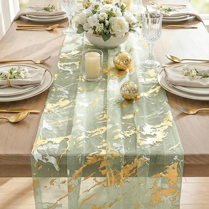 Artoid Mode Marble Pattern Sage Green Gauze Table Runner 10FT, Glitter Metallic - Image 6