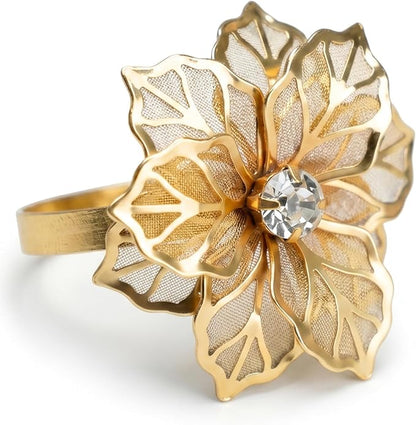 Gold Napkin Rings Set of 12 – Floral Design – Elegant Napkin Ring Holders by HUVOTOSIUS