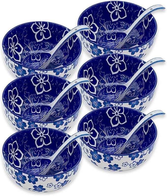 Japanese Ceramic Bowls Set of 6, 28 Oz Large Asian Porcelain Ramen Soup Salad by KeQiu