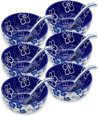 Japanese Ceramic Bowls Set of 6, 28 Oz Large Asian Porcelain Ramen Soup Salad by KeQiu
