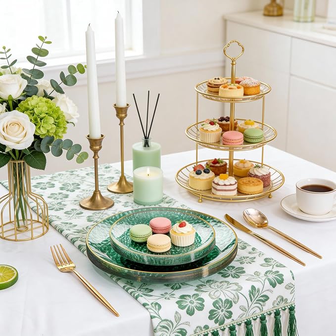 Rubtlamp 175 Pcs Green Plastic Plates Dinnerware Set, Hammered Plates Sets - Image 6