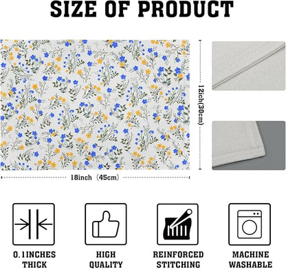 Spring Summer Placemats - Blue Yellow Floral Place Mats Set of 4 Botanical Flower Tablemats 12x18 for Party Kitchen Dining Farmhouse